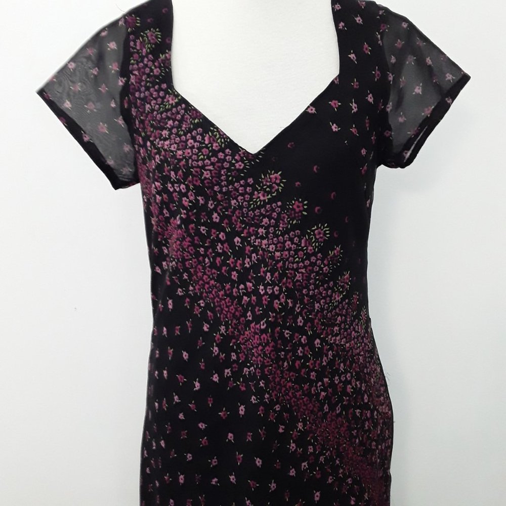 Rag Black Pink Green Floral Cap Sleeve Midi Dress India 100% Polyester Sz. Large